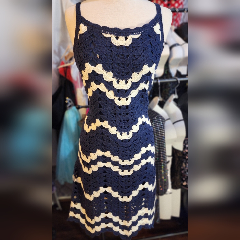 House of Harlow 1960 Blue and Cream Spaghetti Strap Sundress